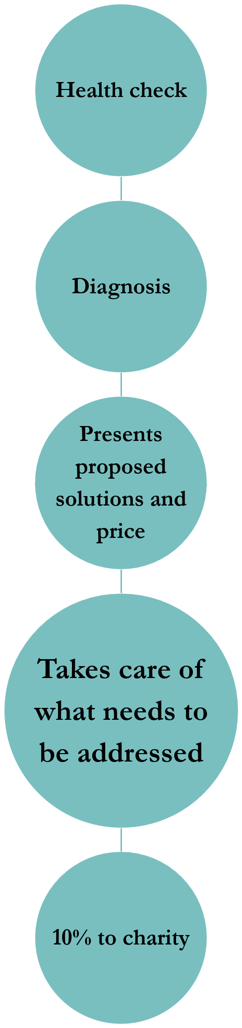 Marketing emergency: health check, diagnosis, presents proposed solutions and price, takes care of what needs to be addressed, 10% to charity