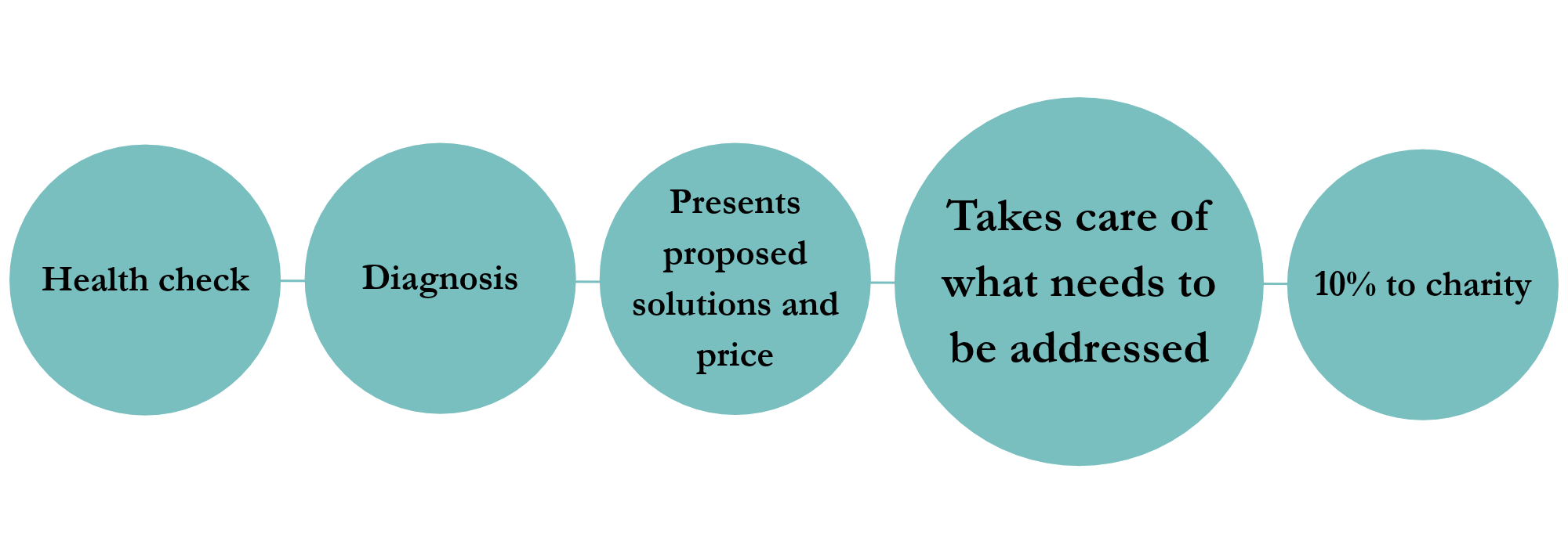 Marketing emergency: health check, diagnosis, presents proposed solutions and price, takes care of what needs to be addressed, 10% to charity